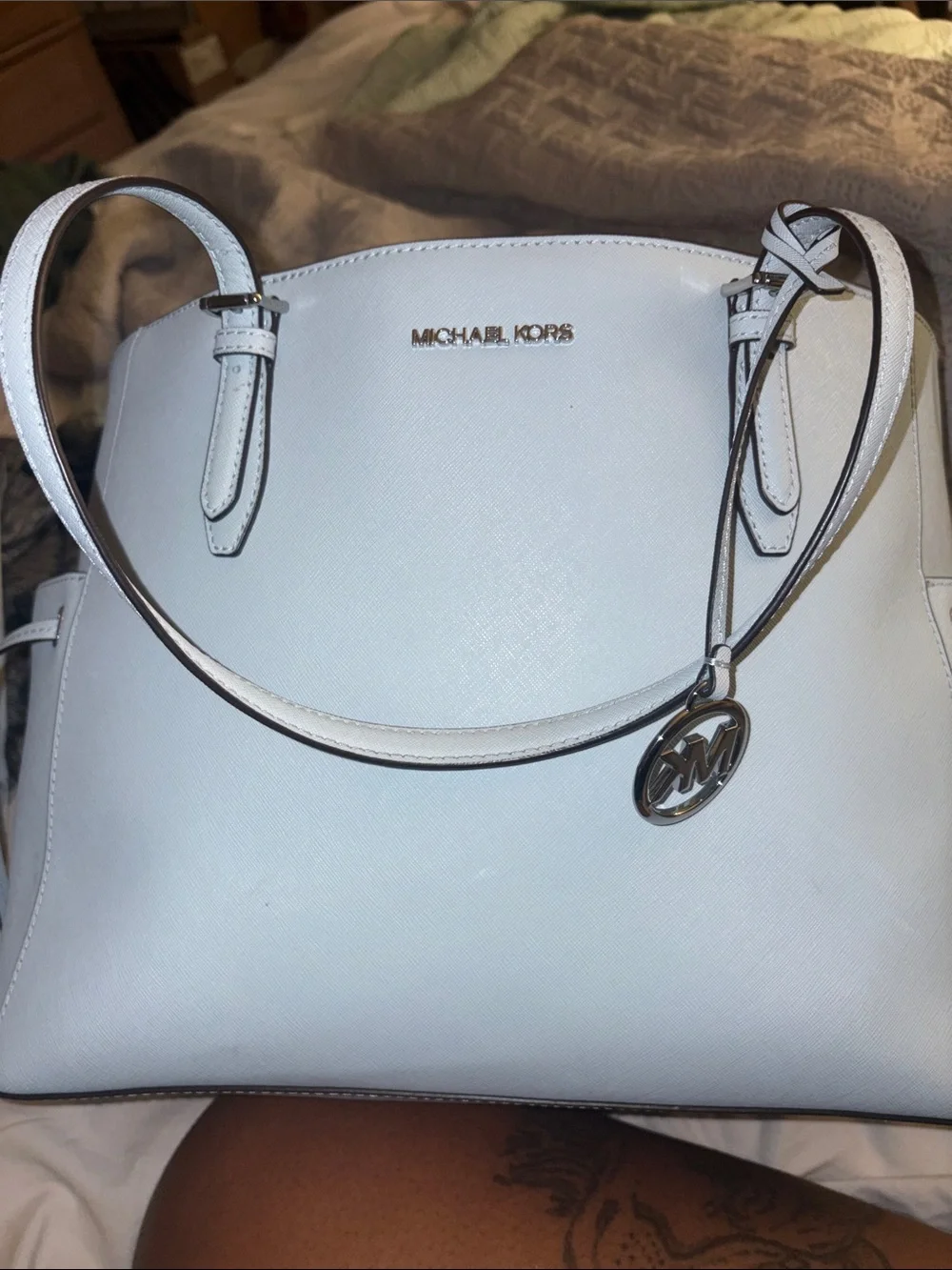 NWT Michael Kors Light Blue Saffiano Leather Tote with MK Charm